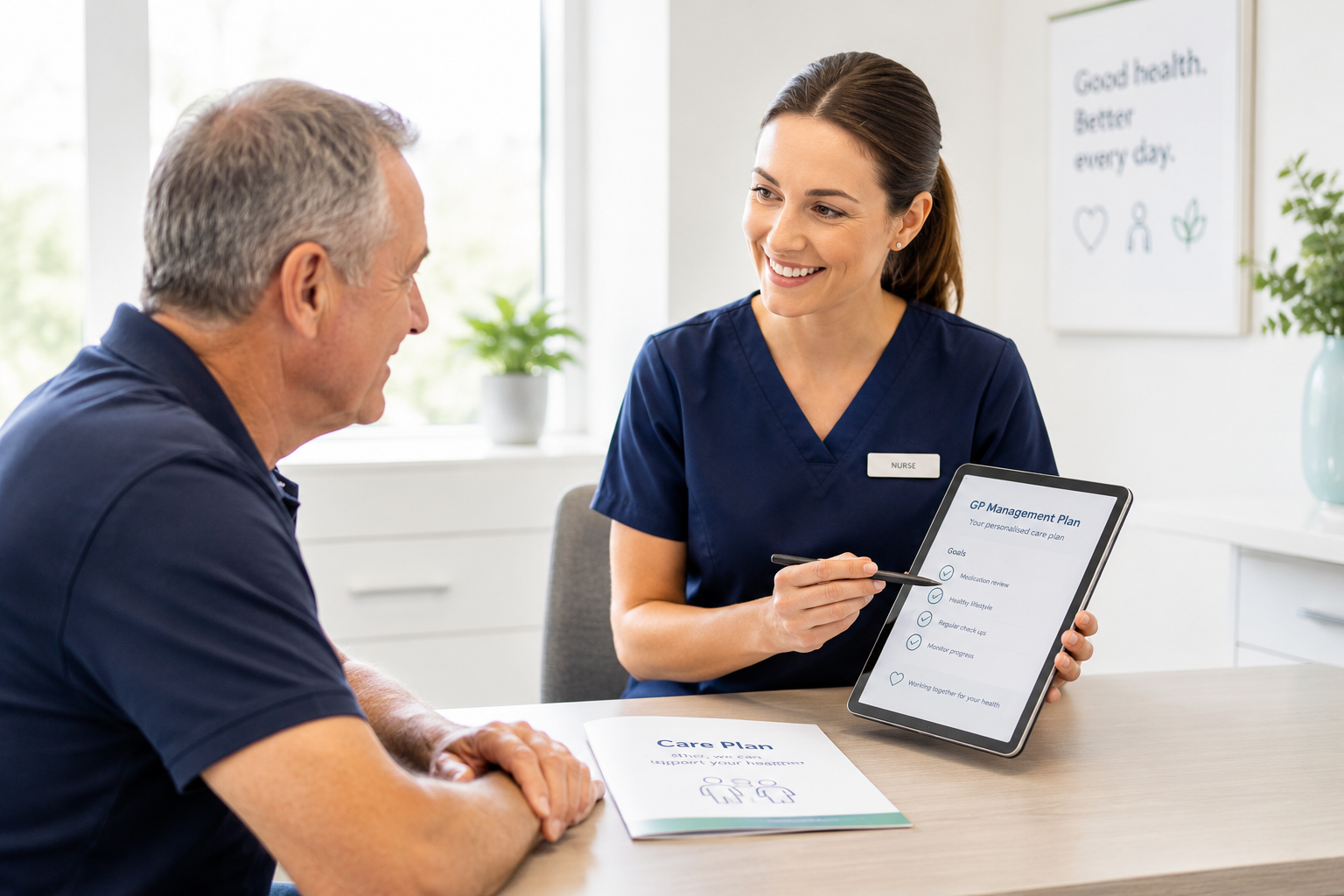 A female nurse in blue clothing talking to a man in blue shirt regarding a care plan