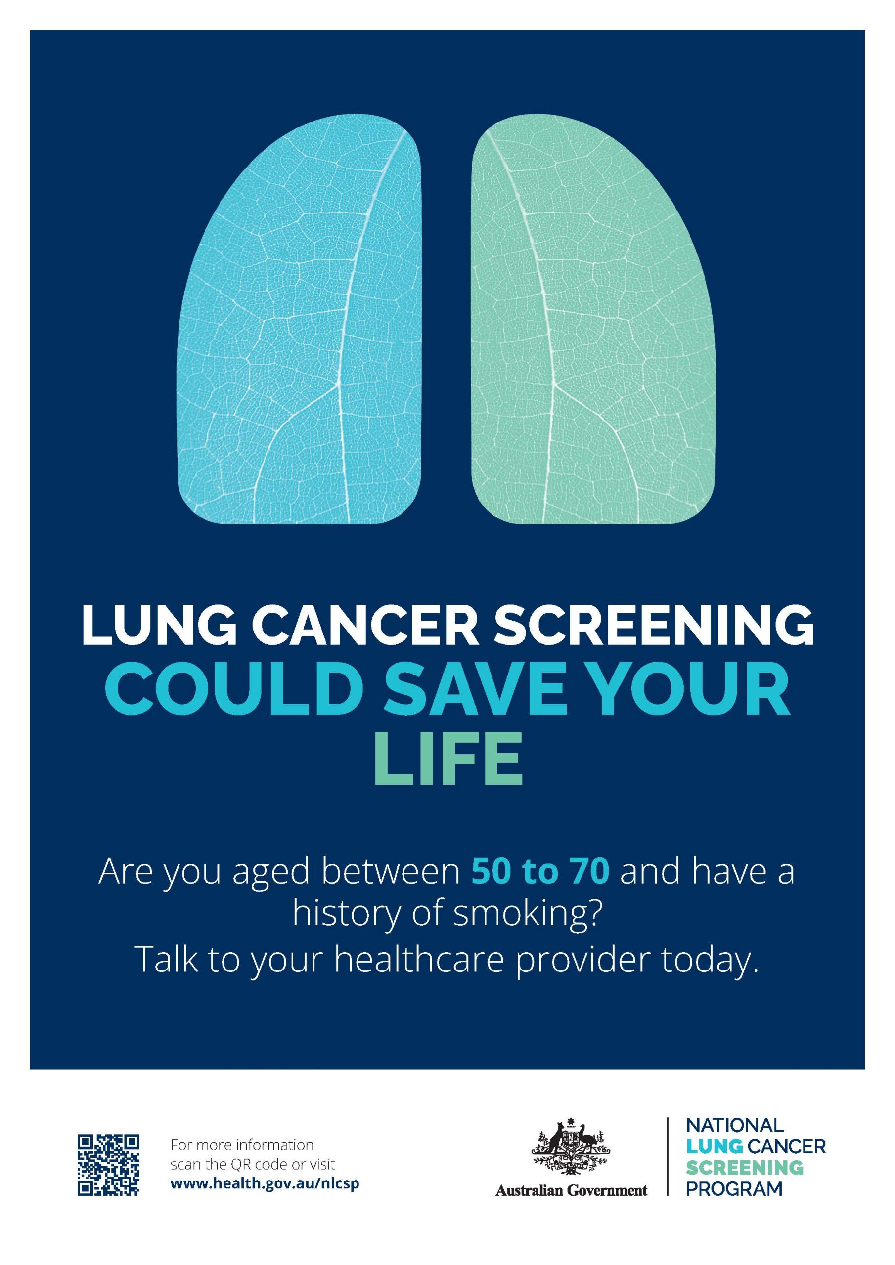 national-lung-cancer-screening-program-poster shows an image of the lungs and words that advertise the benefits of lung cancer screening