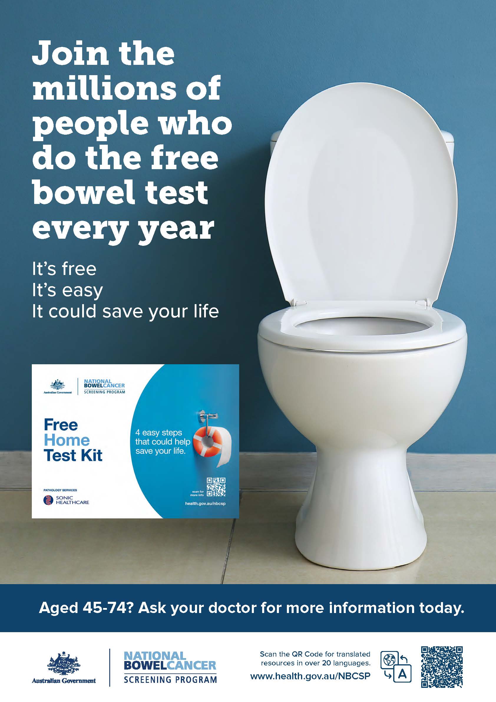 national-bowel-cancer-screening-program-millions-of-people-do-the-bowel-test-poster_3 A white Toilet Bowl with blue background