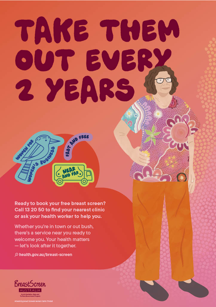 A woman in glasses wearing a printer colored shirt. Beside her is a yellow van and a blue bird