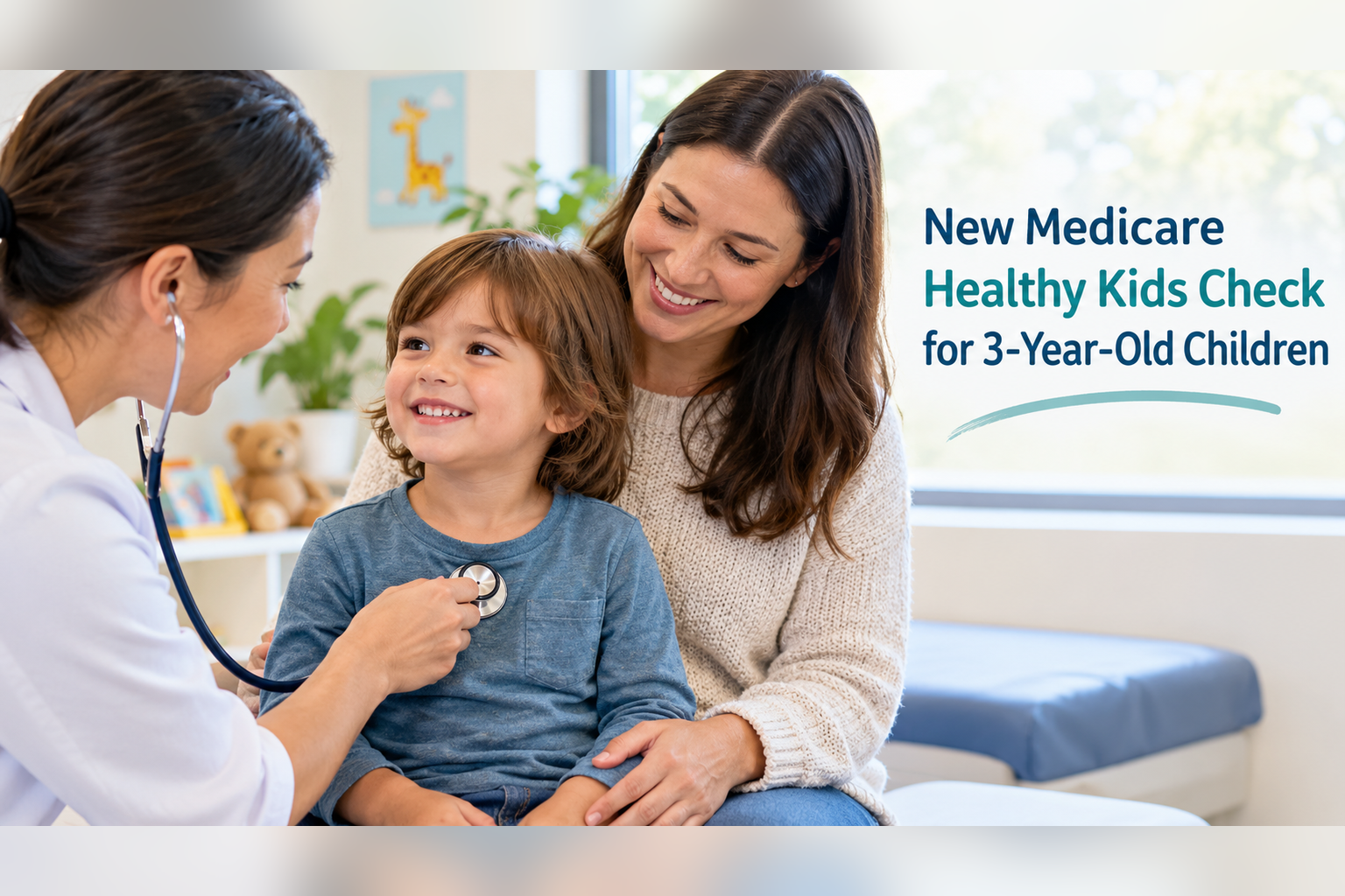 A child wearing blue t-shirt being hold by a lady being checked by a health professional
